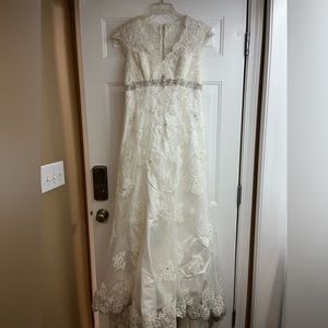 Lace beaded wedding dress, semi long train, cap sleeves high back